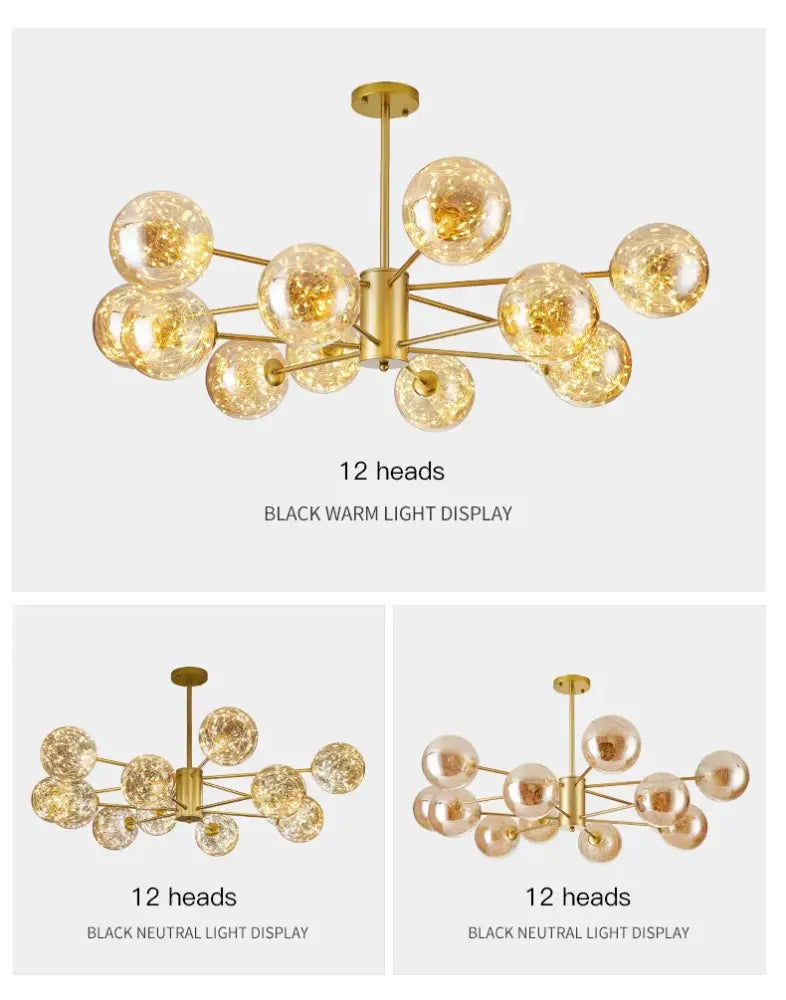 Gold-toned DecorBites™ Nordic chandelier with twelve glass ball bulbs providing warm light and remote control dimming