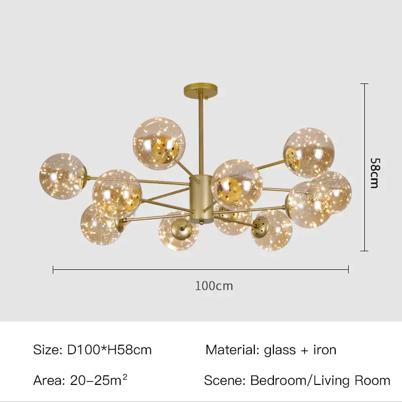 DecorBites luxury glass ball nordic chandelier with gold-toned iron frame and dimmable warm light remote control