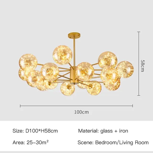 Gold-toned DecorBites luxury glass ball nordic chandelier with iron frame dimmable warm light and remote control features