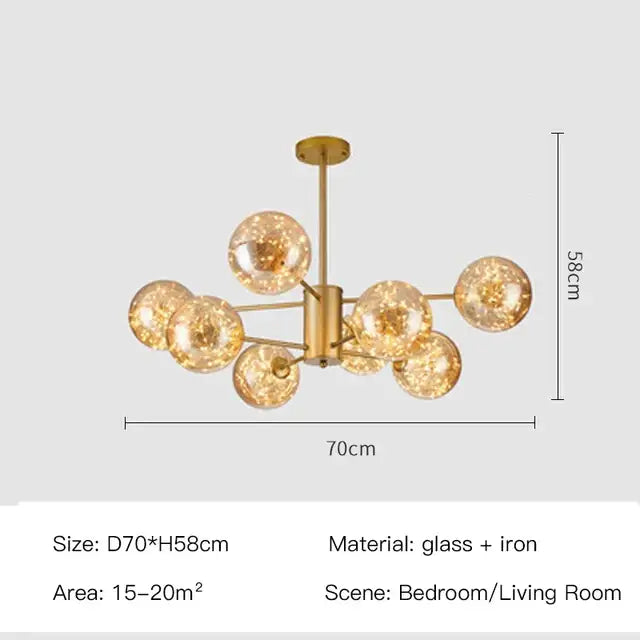 DecorBites™ luxury glass ball nordic chandelier with gold-toned iron frame and dimmable warm light remote control features