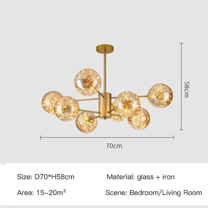 DecorBites™ luxury glass ball nordic chandelier with gold-toned iron frame and dimmable warm light remote control features
