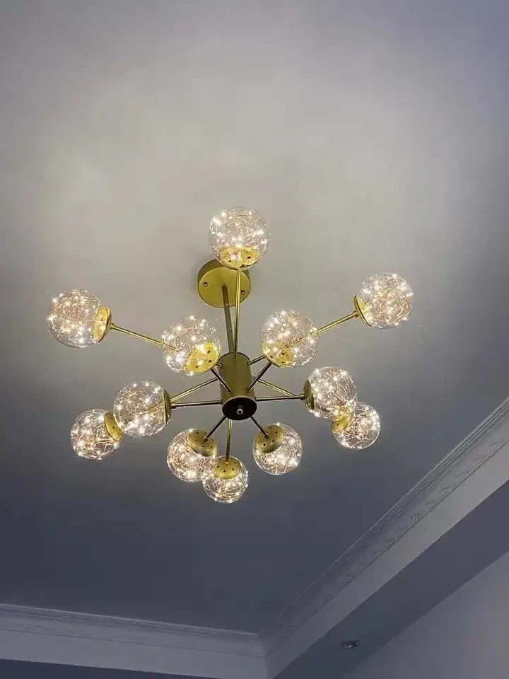 Gold-toned DecorBites luxury glass ball Nordic chandelier with dimmable warm light and remote control functionality