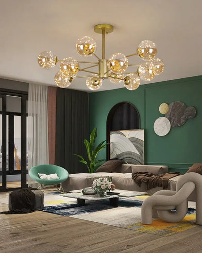 Gold-toned DecorBites™ luxury nordic chandelier with dimmable glass ball globes and warm light remote control feature