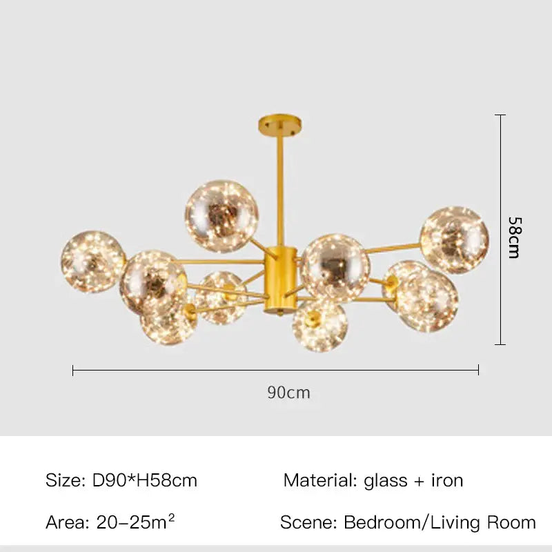 Gold-toned DecorBites™ luxury glass ball Nordic chandelier with clear spheres and dimmable warm light remote control feature