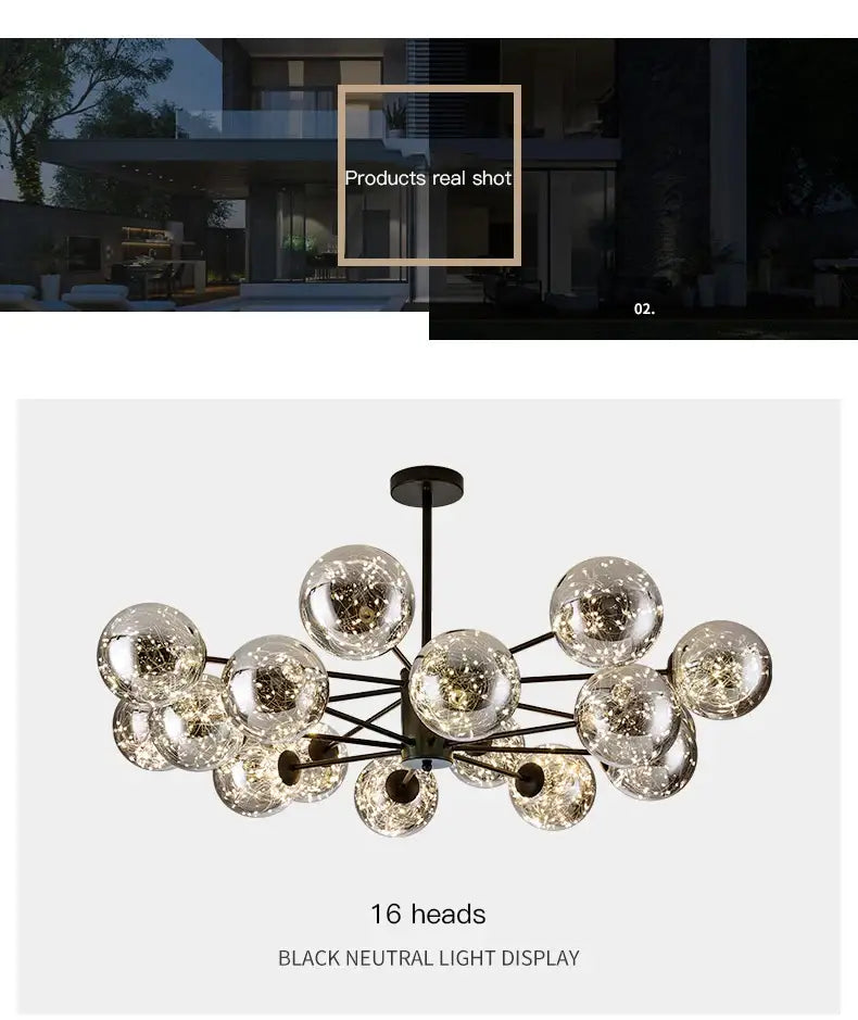 Modern DecorBites™ luxury dimmable chandelier with 16 glass ball orbs warm light black metal remote control