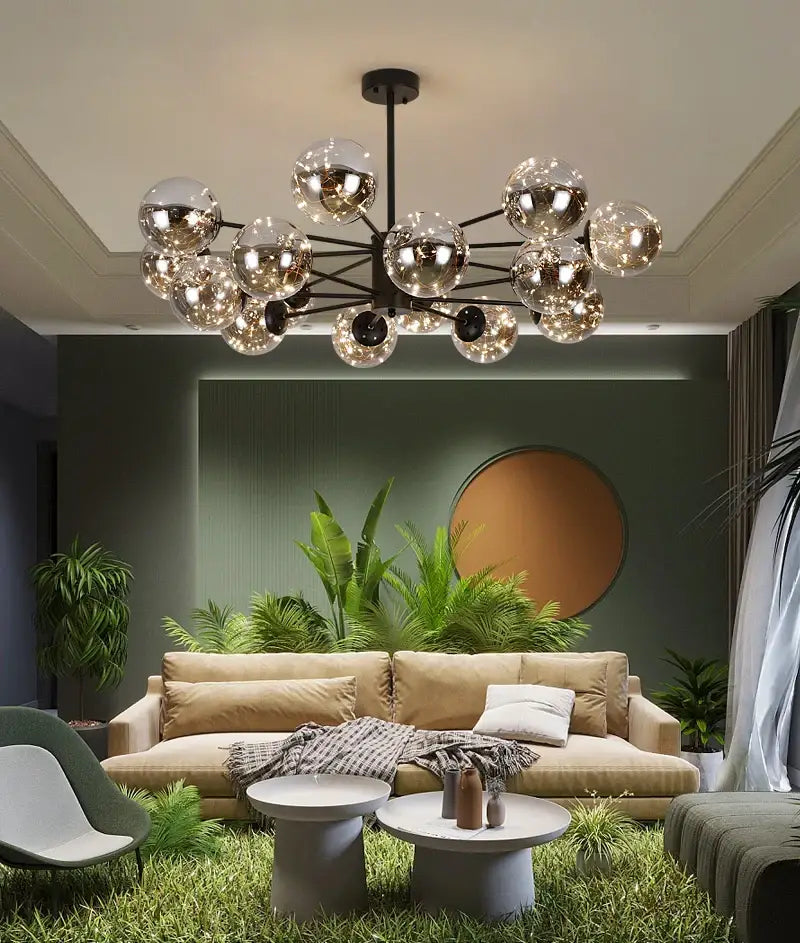 Modern dimmable DecorBites™ chandelier with multiple reflective glass ball spheres and warm light remote control feature