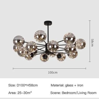 Modern black iron nordic chandelier with reflective silver glass ball spheres featuring warm light and remote control dimming