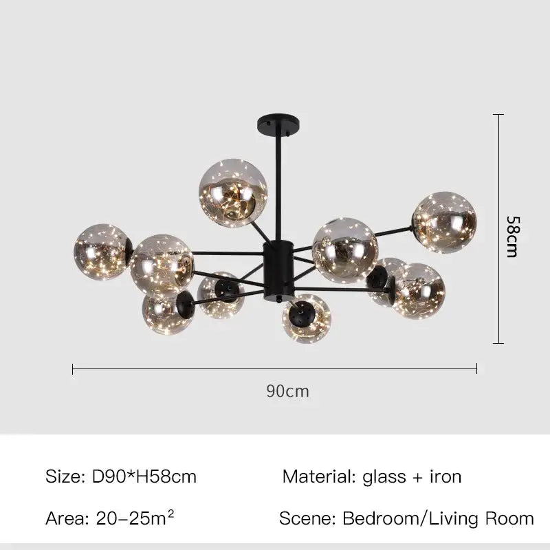 Modern black iron DecorBites™ luxury glass ball Nordic chandelier with frosted spheres and dimmable warm light remote control