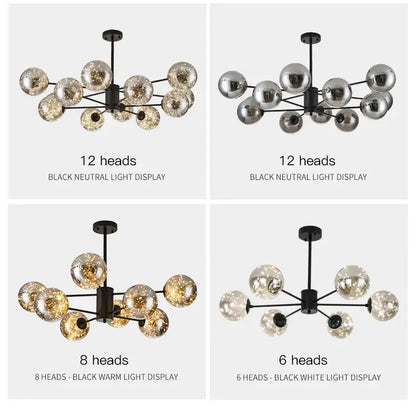 DecorBites™ luxury glass ball nordic chandelier with dimmable warm light and remote control on black frame