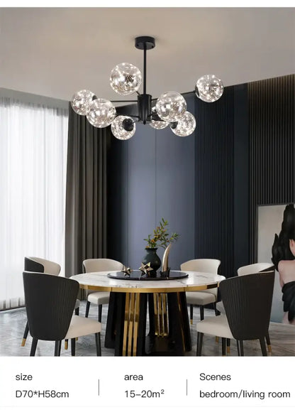 Modern black metal decorbites luxury glass ball nordic chandelier with multiple clear globe bulbs and warm light remote control