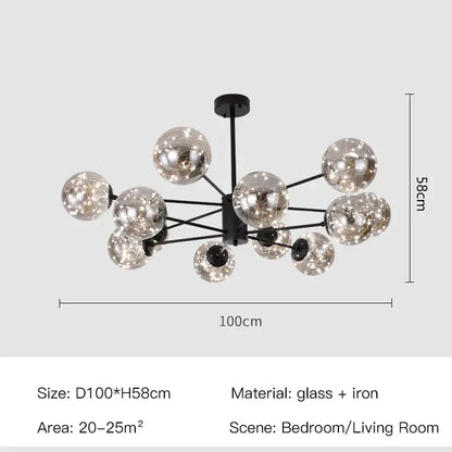 Modern black iron decorbites™ nordic chandelier with multiple glass balls emitting warm light and remote control dimmable features