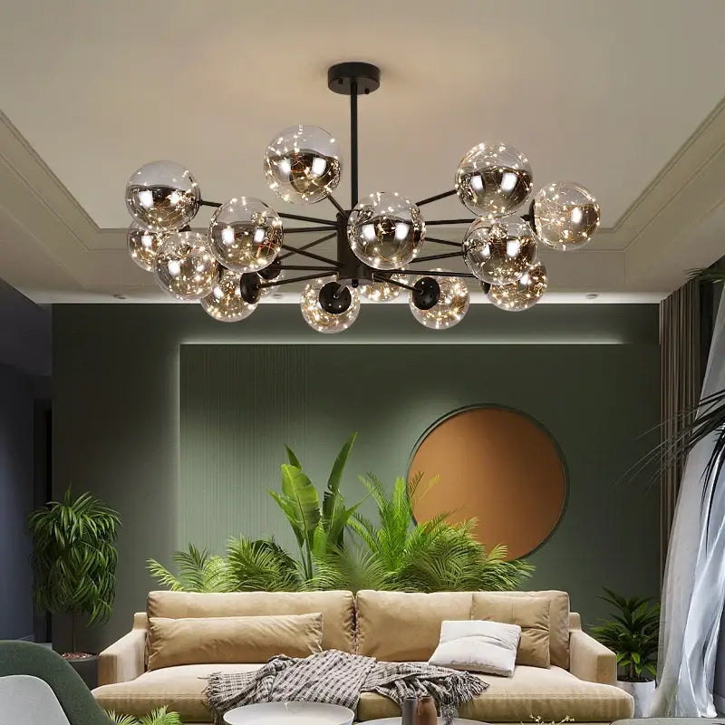 Modern DecorBites luxury glass ball nordic chandelier with black metal arms and dimmable warm light remote control feature