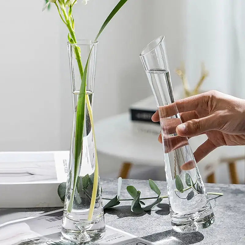 DecorBites™ luxury glass flower vase with slender neck and wide base for elegant home decor display
