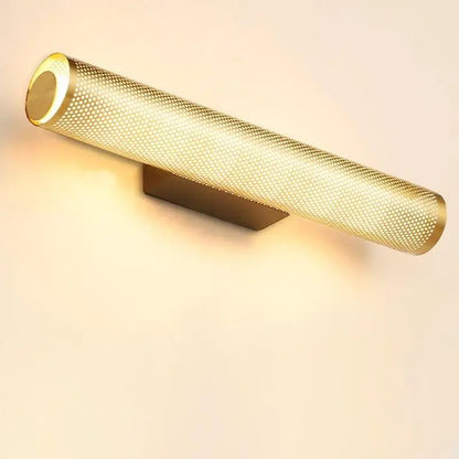 DecorBites luxury gold vanity wall sconce in gold finish with perforated mesh design and warm ambient lighting