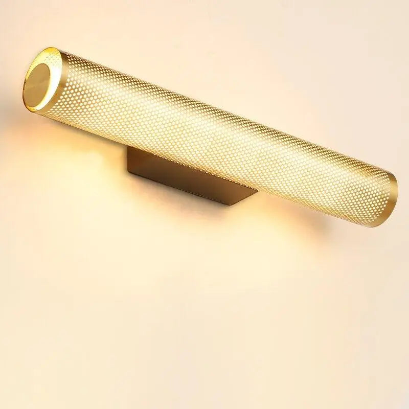 DecorBites luxury gold vanity wall sconce in gold finish with perforated mesh design and warm ambient lighting