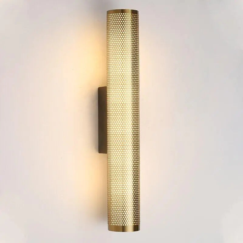 Decorbites luxury gold vanity wall sconce with gold finish cylindrical perforated metal wall sconce design