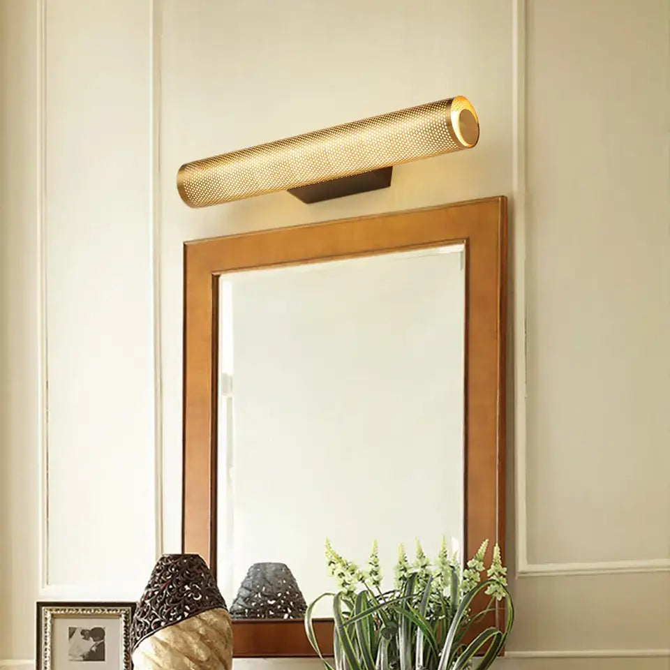 Decorbites luxury gold vanity wall sconce with perforated metal design and gold finish cylindrical wall sconce