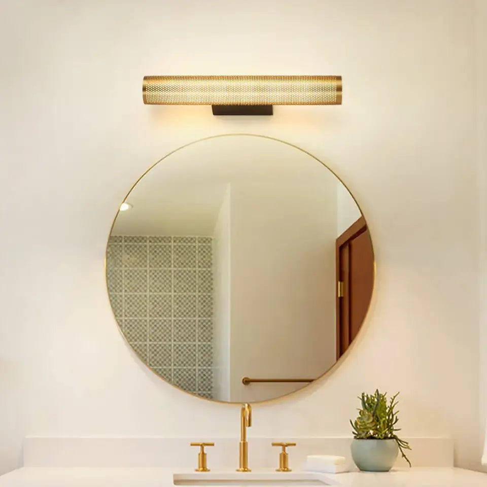 Decorbites™ luxury gold vanity wall sconce with perforated gold finish and sleek modern rectangular design for elegant lighting