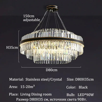 Black crystal luxury led crystal chandelier with stainless steel frame and adjustable hanging chains for home decor