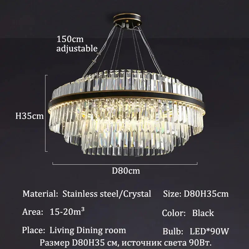 Black crystal luxury led crystal chandelier with stainless steel frame and adjustable hanging chains for home decor