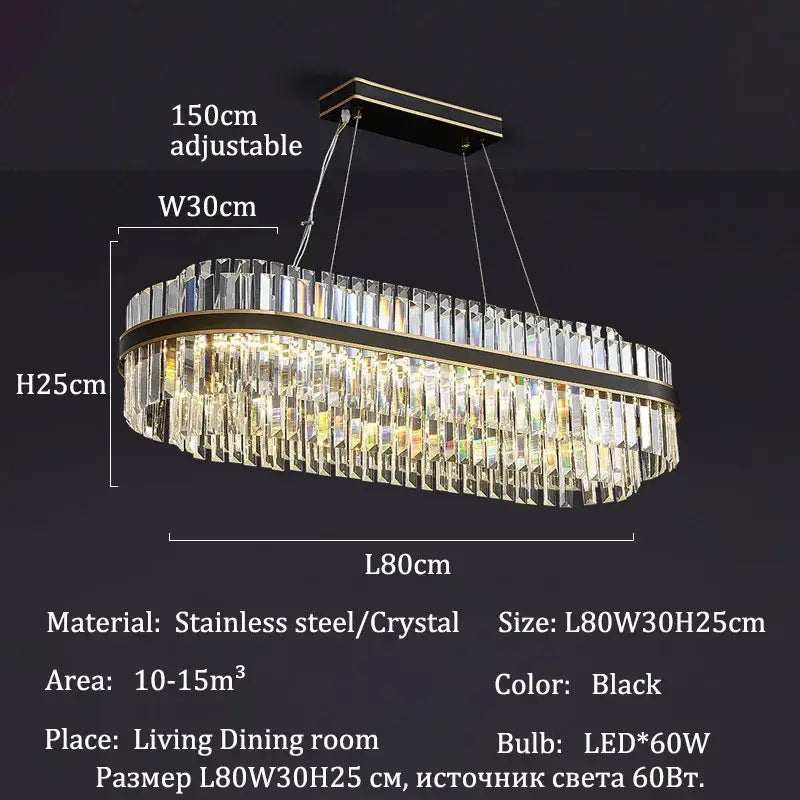 Black oval DecorBites luxury led crystal chandelier with stainless steel frame and crystal prisms for home decor