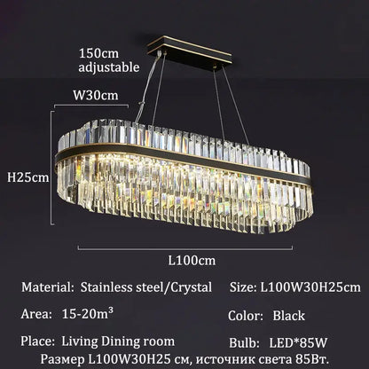 Black oval luxury led crystal chandelier with stainless steel frame and crystal prisms for elegant home decor