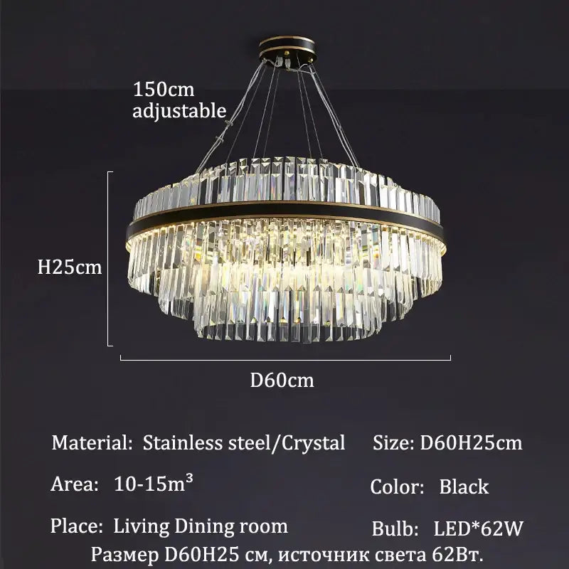 Black two-tiered DecorBites™ luxury led crystal chandelier with stainless steel frame and adjustable height for home decor