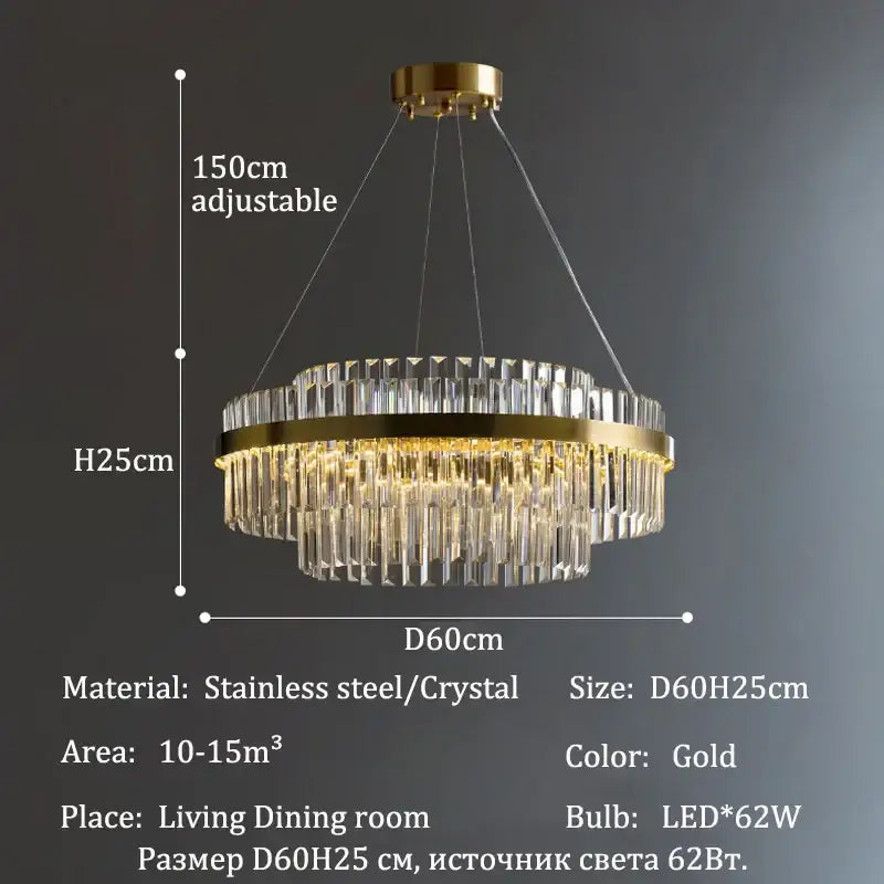 Decorbites™ luxury led crystal chandelier with gold finish cascading crystal prisms and stainless steel frame for home decor