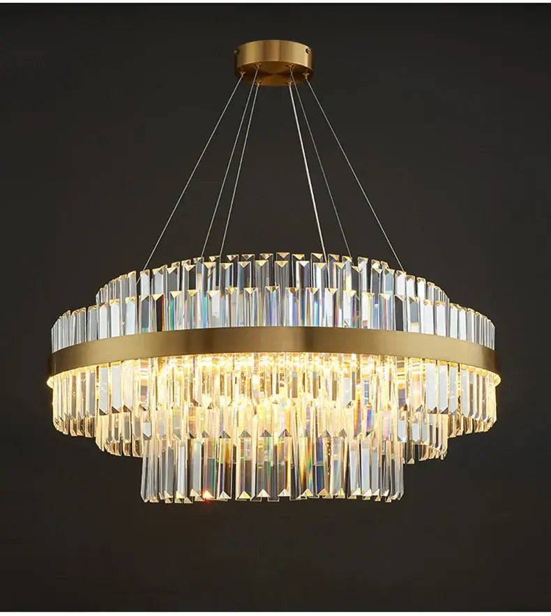 DecorBites luxury led crystal chandelier with gold-toned finish and cascading prisms in modern tiered design for home decor