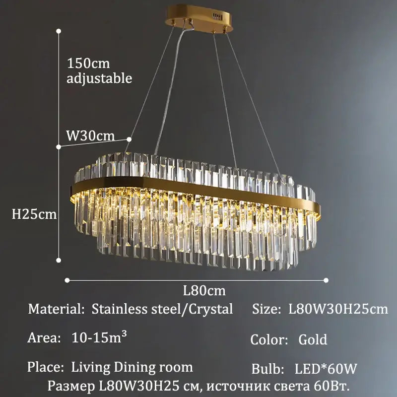 Gold-toned oval luxury led crystal chandelier with cascading prisms and stainless steel frame for home decor