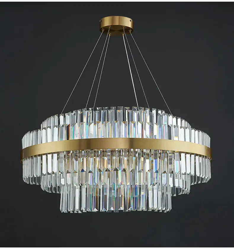 Decorbites luxury led crystal chandelier with gold-toned frame and cascading clear crystal prisms for home decor