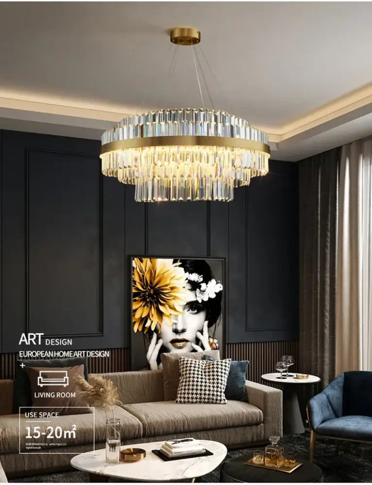Gold-toned decorbites™ luxury led crystal chandelier with cascading clear crystal prisms for home decor lighting