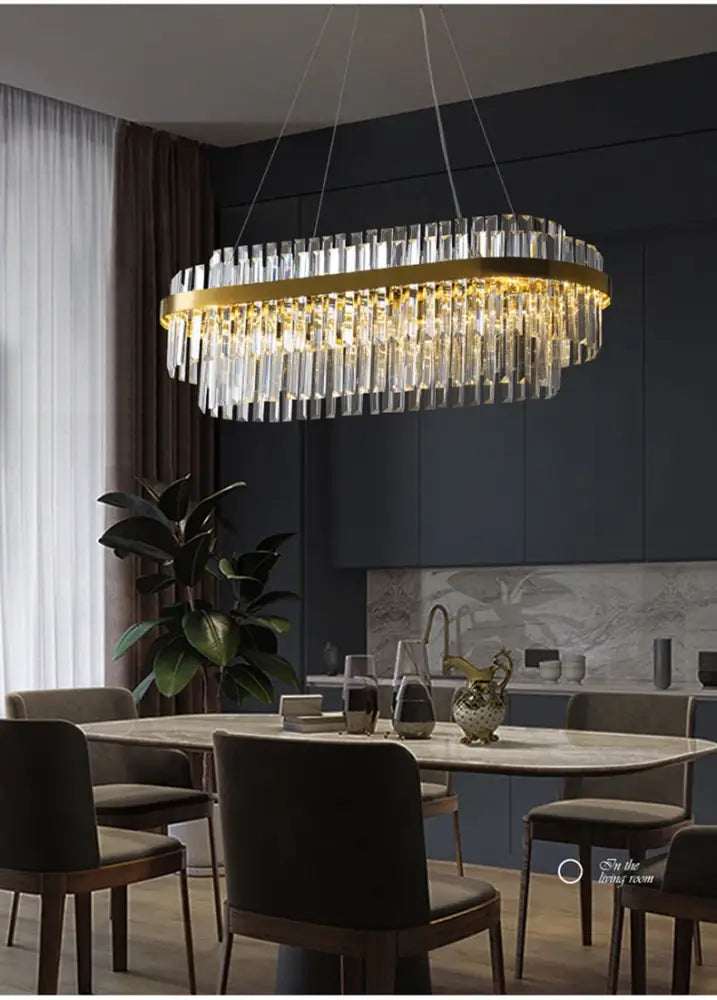 Gold-toned oval decorbites™ luxury led crystal chandelier with cascading clear crystal prisms for home decor