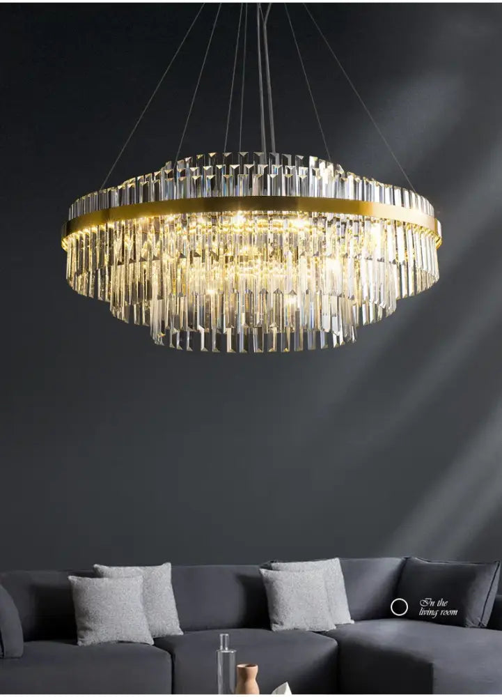 DecorBites luxury led crystal chandelier with gold-toned frame and cascading crystal prisms for home decor