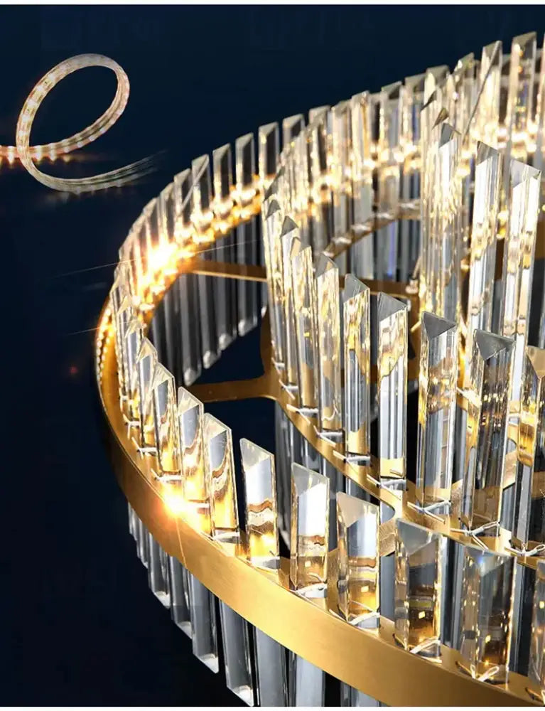 DecorBites luxury led crystal chandelier with golden frame and faceted prisms in a curved multi-tiered design