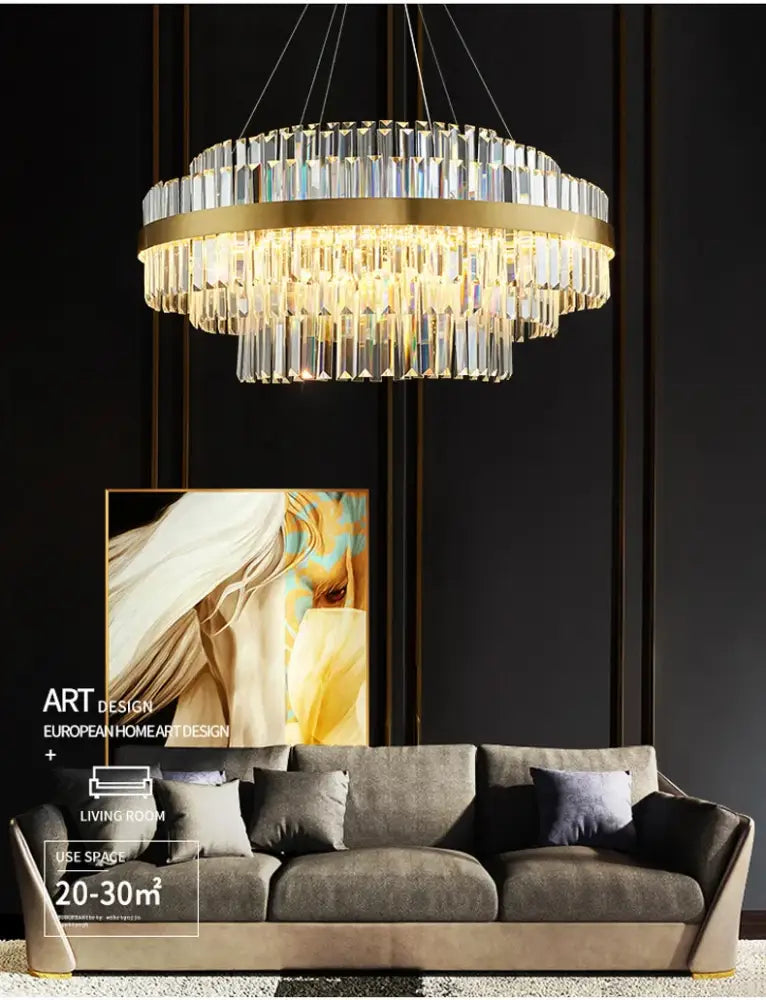 DecorBites luxury led crystal chandelier with gold-toned frame and cascading crystal prisms for elegant home decor