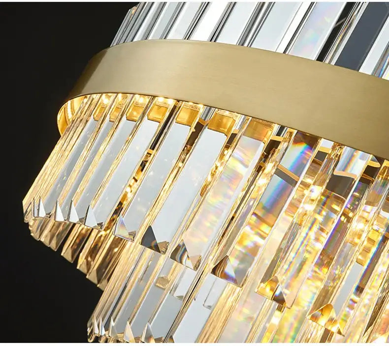 DecorBites luxury led crystal chandelier in gold with cascading prisms refracting vibrant rainbow light for home decor
