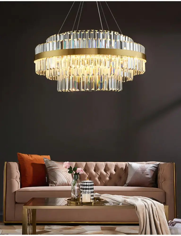 DecorBites™ luxury led crystal chandelier in gold tone with cascading prisms for elegant home decor lighting