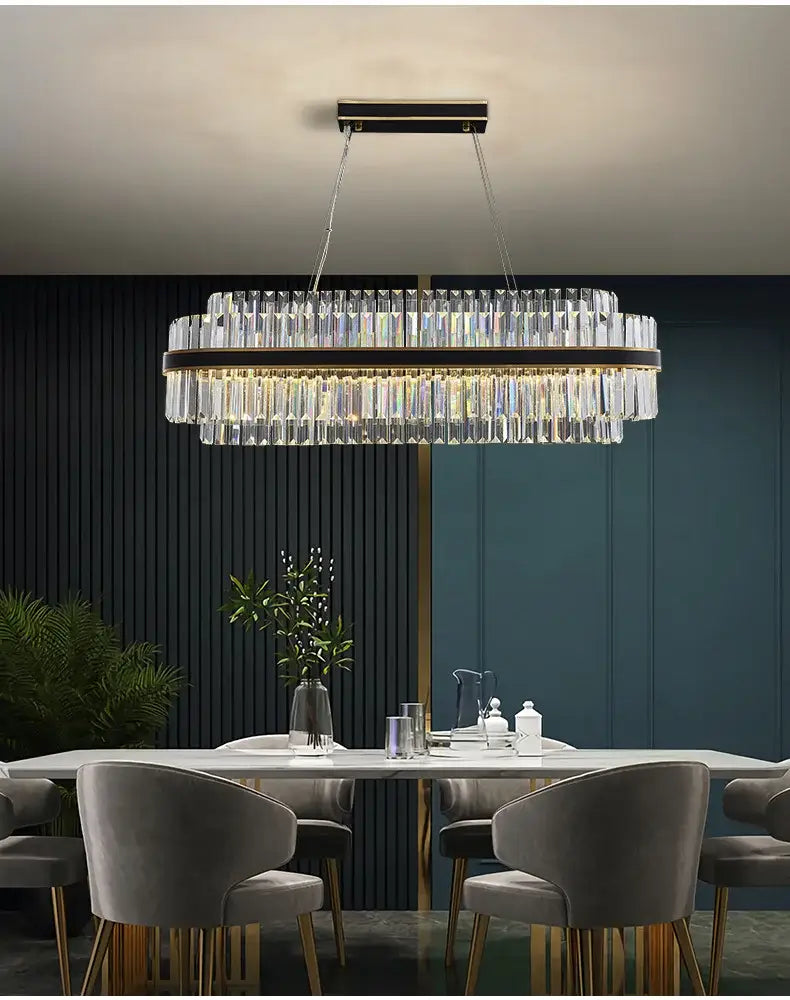 DecorBites luxury led crystal chandelier with two tiers of clear prisms suspended from a sleek black ceiling mount