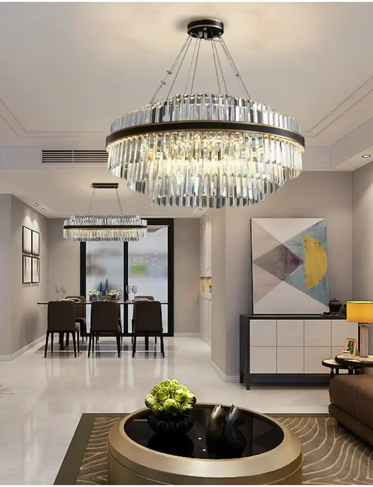 DecorBites™ luxury led crystal chandelier with black metal frame and cascading clear crystal prisms for home decor