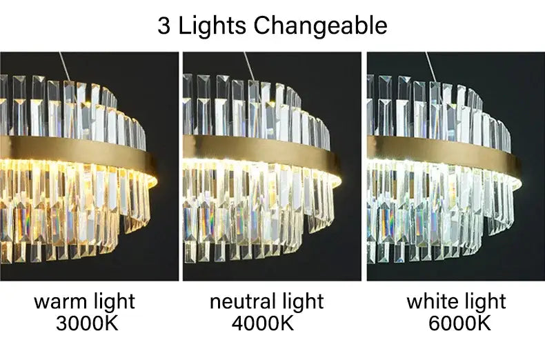 Decorbites luxury led crystal chandelier with gold frame and clear prisms featuring three adjustable lighting modes