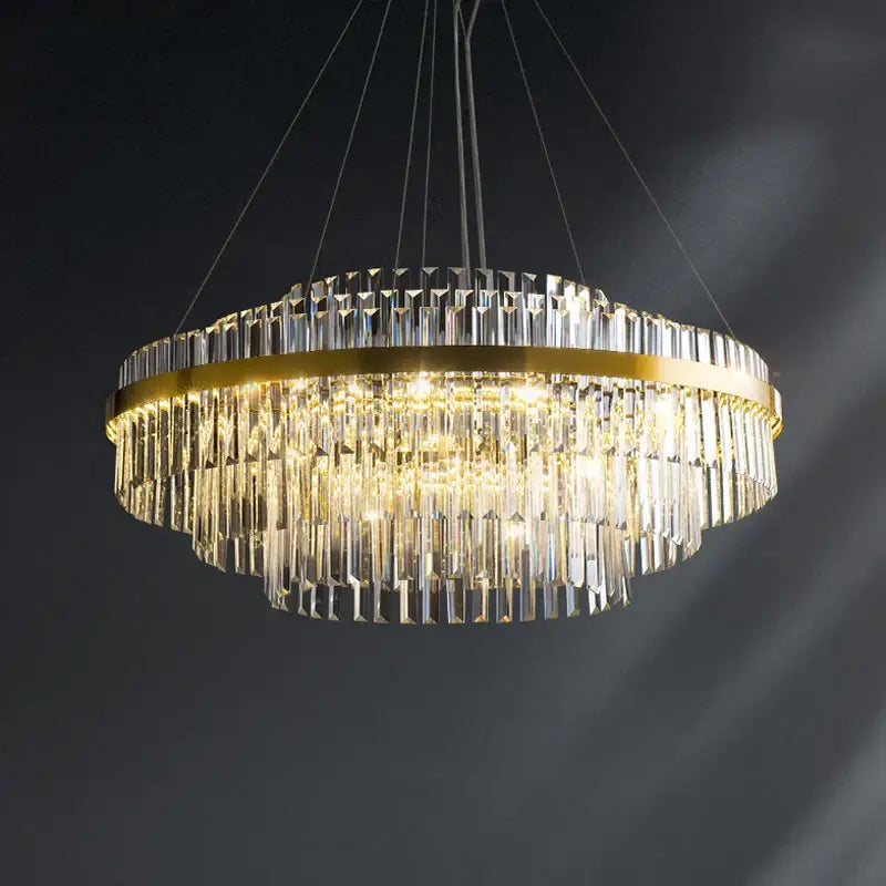 DecorBites™ luxury led crystal chandelier with cascading clear prisms and polished gold metal frame for home decor