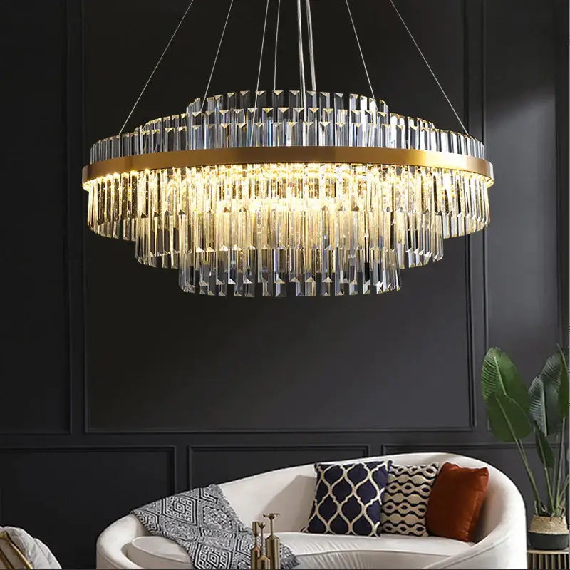 Decorbites luxury led crystal chandelier with cascading clear crystal prisms and polished gold frame for home decor