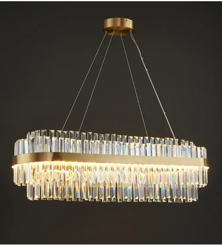 DecorBites™ luxury led crystal chandelier with gold metal frame and clear prisms refracting vibrant rainbow light