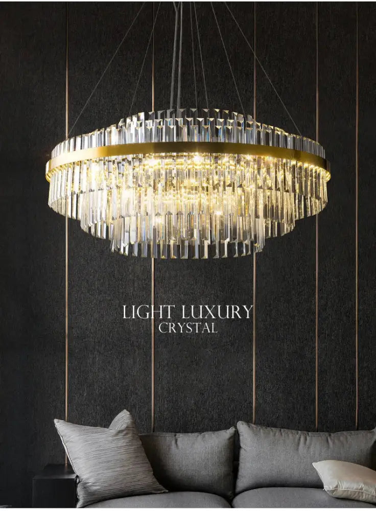 DecorBites luxury led crystal chandelier with gold frame and clear glass prisms for elegant home decor lighting