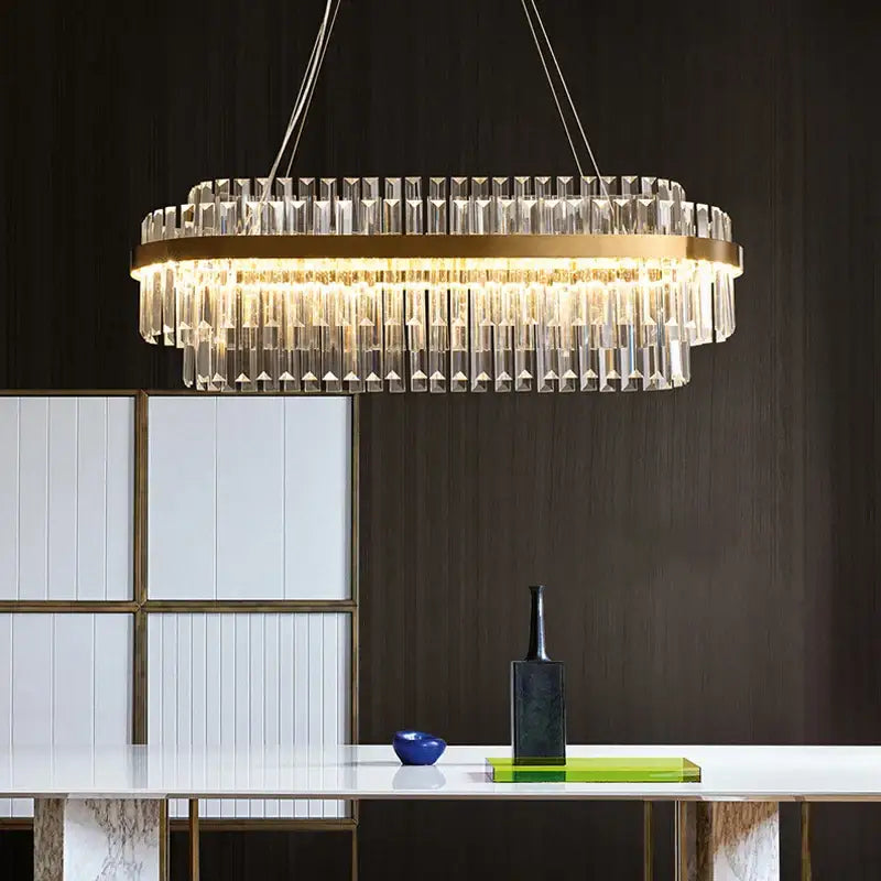 DecorBites™ luxury led crystal chandelier with gold-toned frame and cascading clear prisms for elegant home decor