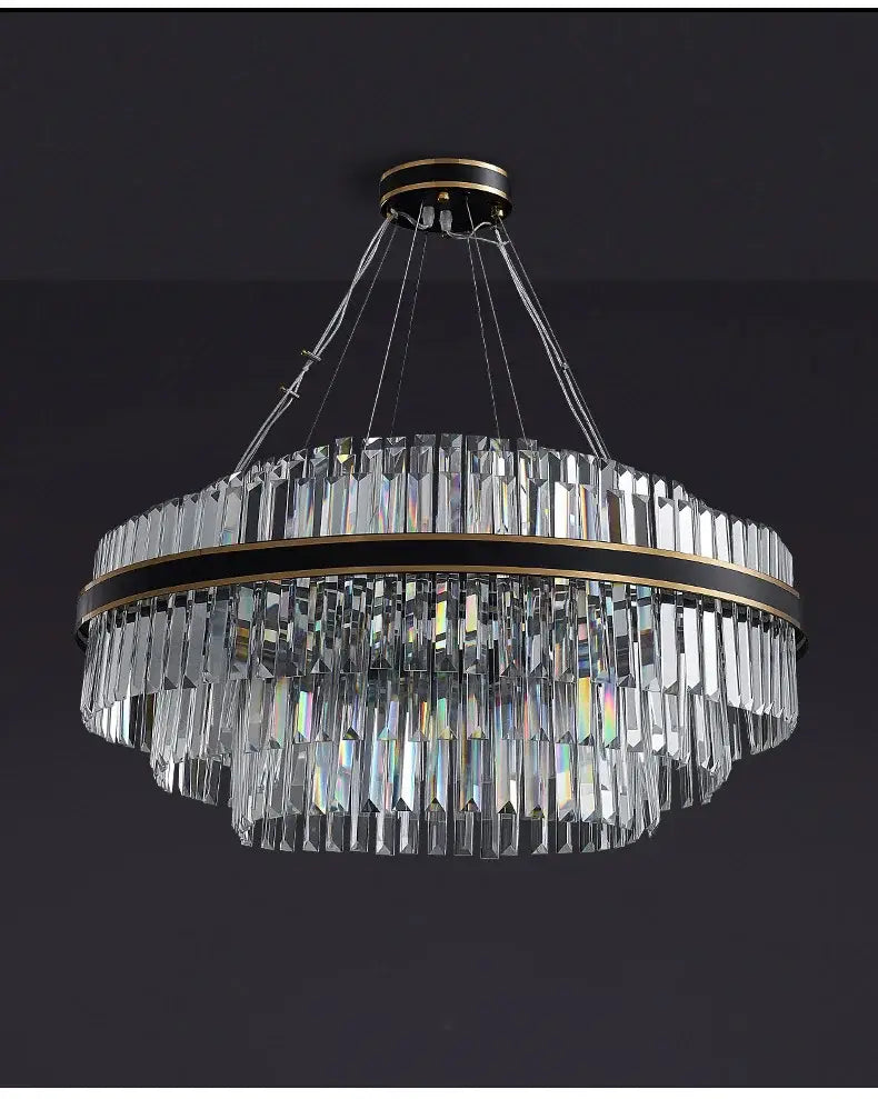 DecorBites™ luxury led crystal chandelier with two tiers of clear faceted glass rods on black and gold frame
