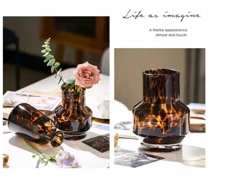 Decorbites luxury leopard glass vase with tortoiseshell pattern and wide base for modern home decor