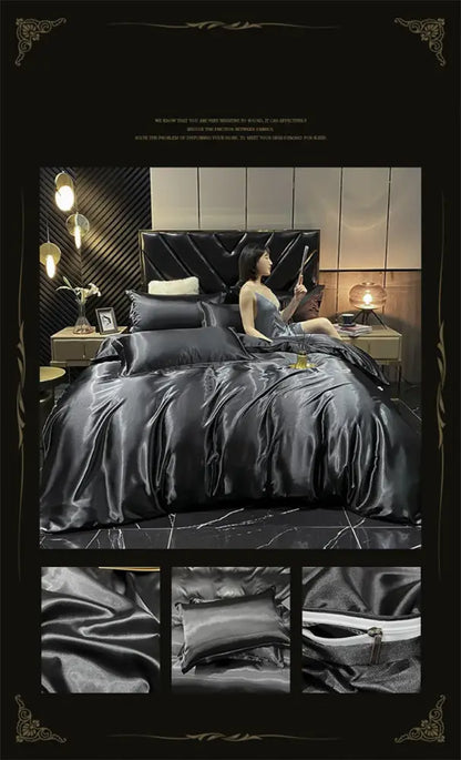 Black satin duvet cover from DecorBites luxury natural mulberry silk bedding set with a smooth glossy sheen