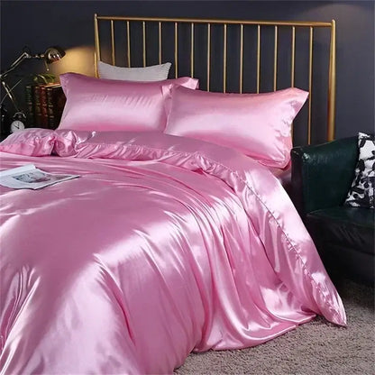 Pink satin duvet cover and pillowcases in decorbites™ luxury natural mulberry silk bedding set with glossy finish